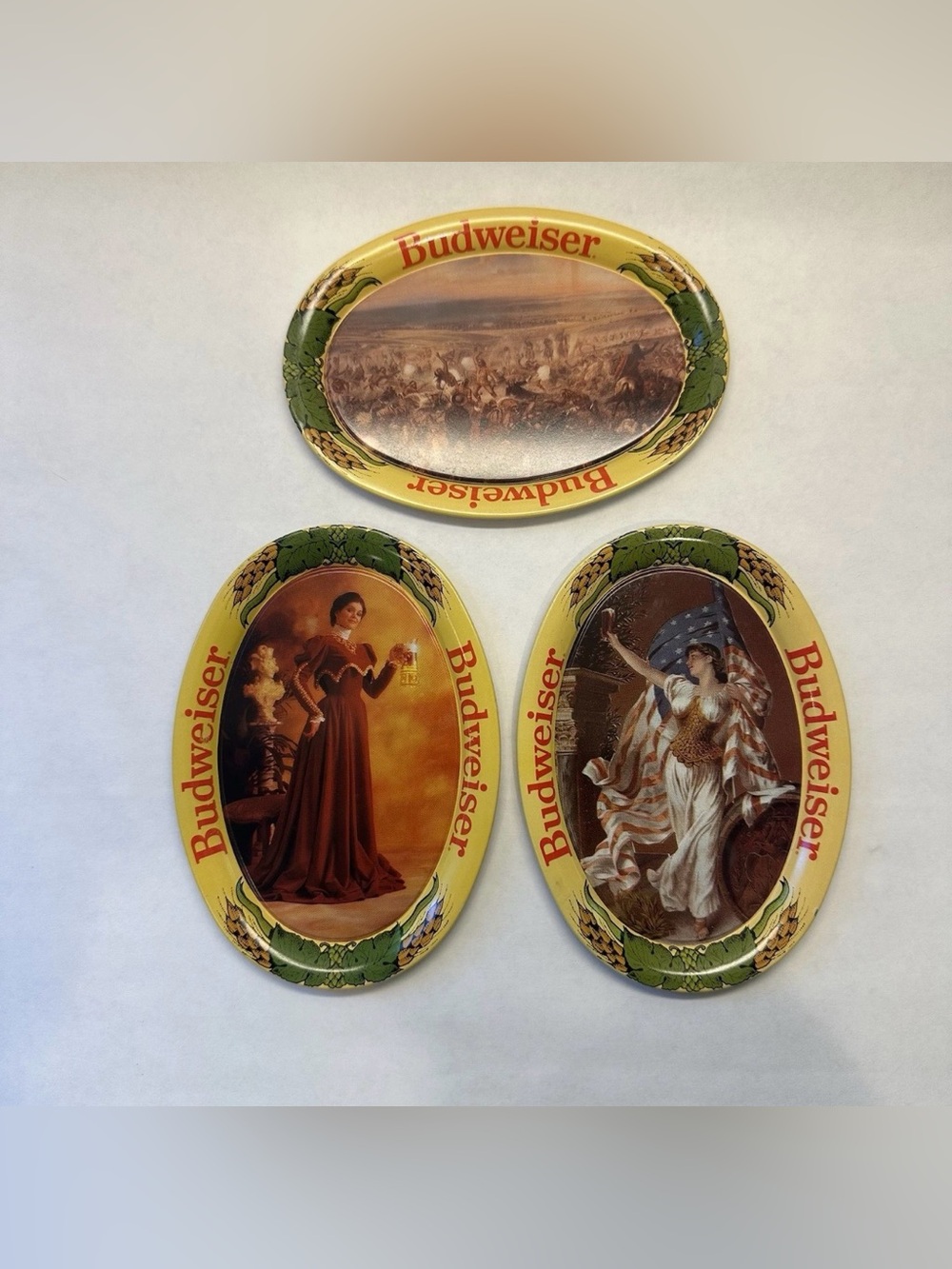 Vintage Budweiser Beer Tip Tray Set 3 Custer Last Stand Columbus Lady in Red Tin